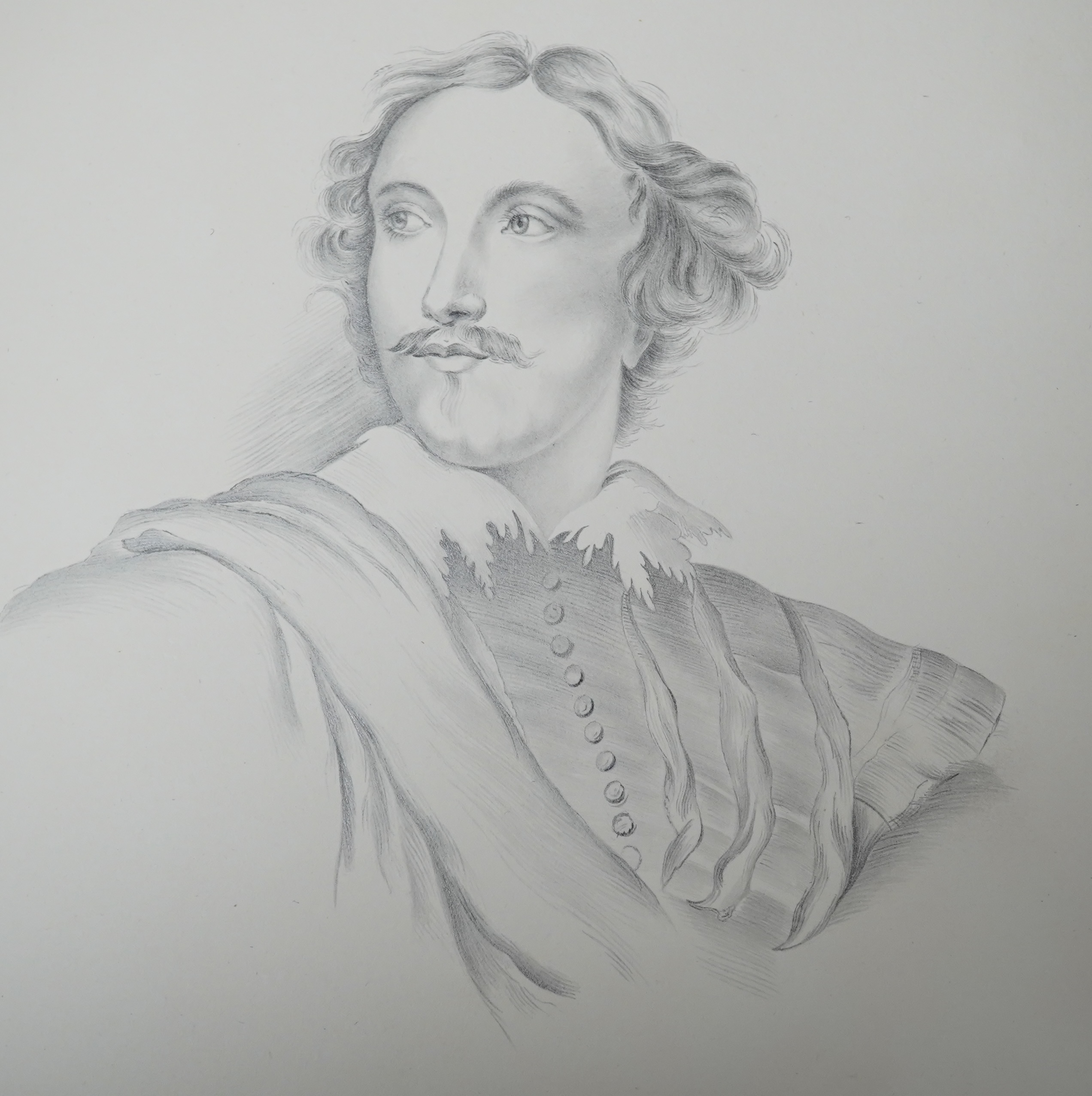 A 19th century album of pencil sketches, portraits of notable figures, to include Charles I, each unsigned, sketch book 34 x 28cm. Condition - sketches generally good condition, book - front cover detached